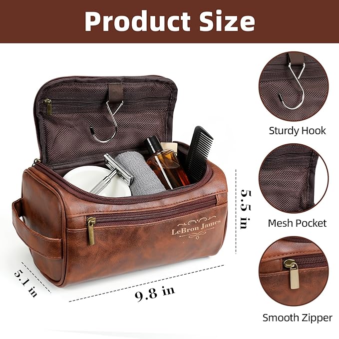 Personalized Toiletry Bag for Men, Custom Leather Shaving Dopp Kit for Him, Engraved Name Initials Travel Bag for Husband, Personalized Christmas Birthday Gifts for Men Dad Groomsmen-Camel