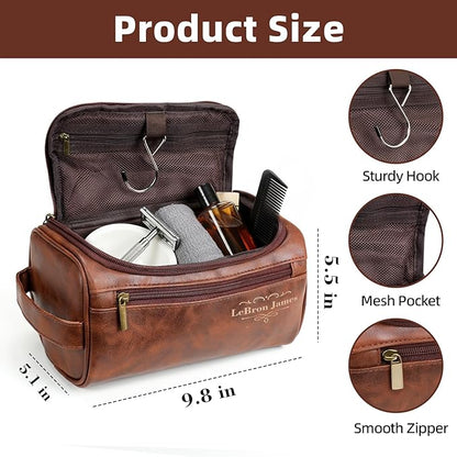 Personalized Toiletry Bag for Men, Custom Leather Shaving Dopp Kit for Him, Engraved Name Initials Travel Bag for Husband, Personalized Christmas Birthday Gifts for Men Dad Groomsmen-Brown