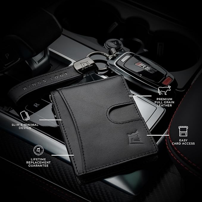 Kings Loot Money Clip Slim Minimalist Wallet for Men – RFID Blocking Leather Design with Money Clip – Front Pocket Bifold Holds 12 Cards – Stylish & Compact Wallets (Black)