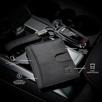 Kings Loot Money Clip Slim Minimalist Wallet for Men – RFID Blocking Leather Design with Money Clip – Front Pocket Bifold Holds 12 Cards – Stylish & Compact Wallets (Black)