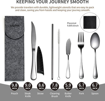 Travel Utensils with Case, Portable Travel Silverware Set Stainless Steel Lunch Box Cutlery Set for Work, Camping, Picnic, Hiking, Office (Silver)