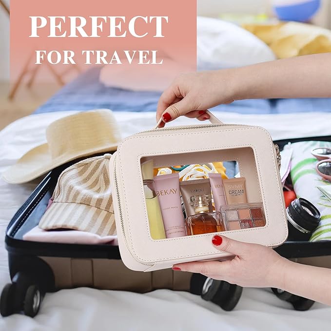 Pinkmik Clear Makeup Bag for Women Waterproof Travel Cosmetics and Toiletries Case Portable Makeup Oaganizer Bag Clear Car Bag with Zipper (Beige, M+L)