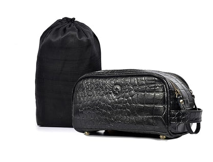 10" Premium Leather Toiletry Travel Pouch With Waterproof Lining | King-Size Handcrafted Vintage Dopp kit By Aaron Leather Goods (Grease Black)