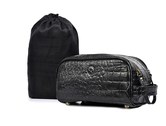 10" Premium Leather Toiletry Travel Pouch With Waterproof Lining | King-Size Handcrafted Vintage Dopp kit By Aaron Leather Goods (Grease Black)