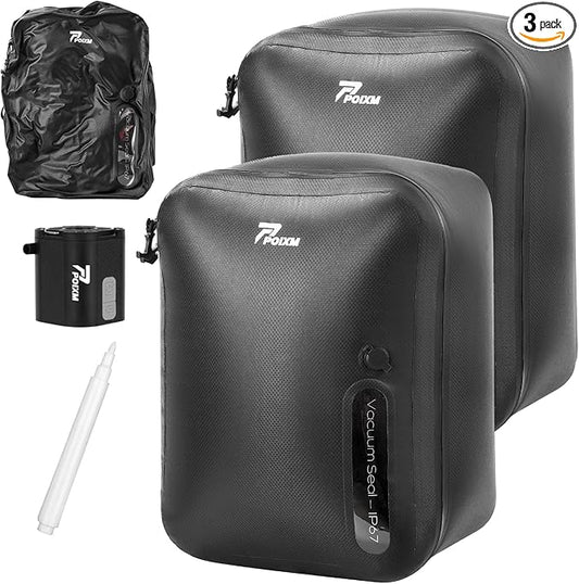 Vacuum Bags for Travel with Wireless Pump, 180° Open Zipper, IP67 Waterproof, Reusable Space Saver Compression Bags for Backpack, Suitcase, Home Storage(2 Pack + Pump)