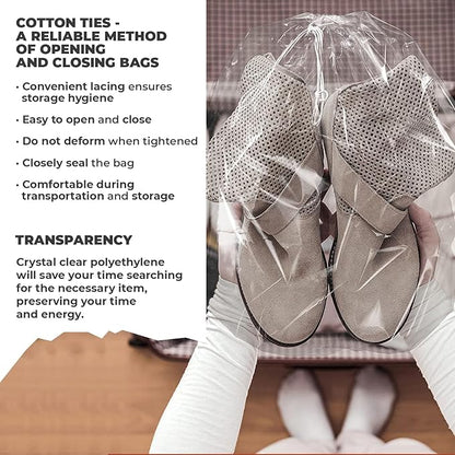 Clear Drawstring Bag, 12 x 18 Inches. Pack of 100 Clear Plastic Drawstring Bags. Waterproof 2 Mil Polyethylene Travel Bags for Shoes. Transparent Draw String Bag for Cosmetics, Toiletries