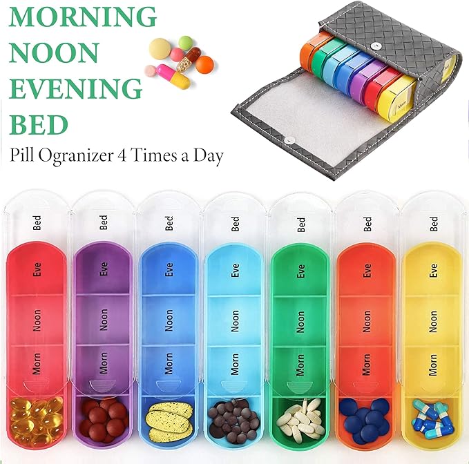Pill Organizer,LIZIMANDU Weekly Travel Pill Case Box Medication Reminder Daily AM PM, Day Night 7 Compartments,for 4 Times A Day, 7 Days a Week-Includes Leather PU Carrying Case (1-Weave Grey)