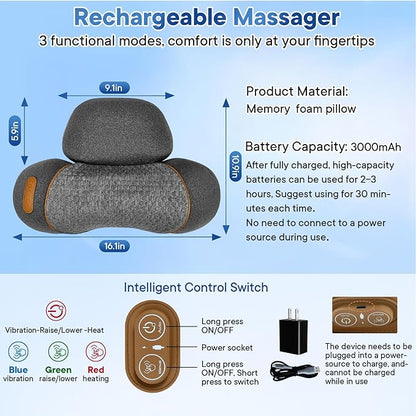 Neck Massager Pillow, 3-in-1 Neck Massager, Travel Massage Pillow for Shoulder Pain Relief, Deep Tissue Pain with Heat and Traction, Hump Corrector