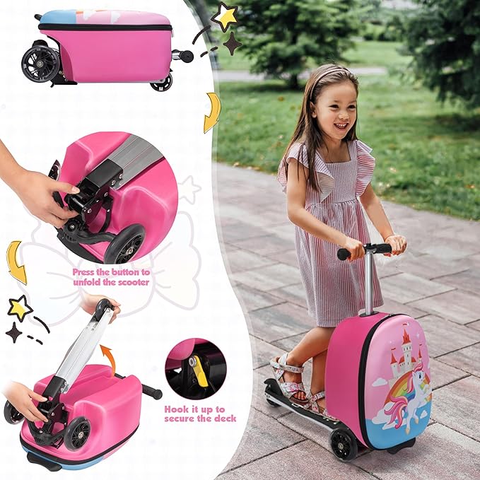 VLIVE Kids Scooter Luggage with Backpack 2-in-1 Set, 30L Ride-On Suitcase + 10L Backpack, Durable EVA Material, Lightweight Foldable, Wheels for Girls Aged 4-8, Unicorn Design