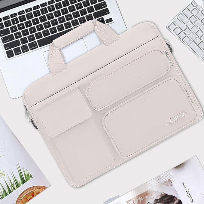 MOSISO Laptop Shoulder Bag 15.6 inch, 15-15.6 inch Computer Bag Compatible with MacBook Pro 16 inch, HP, Dell, Lenovo, Notebook with 2 Raised&1 Flapover&1 Horizontal Pocket&Handle&Belt, Stone Gray