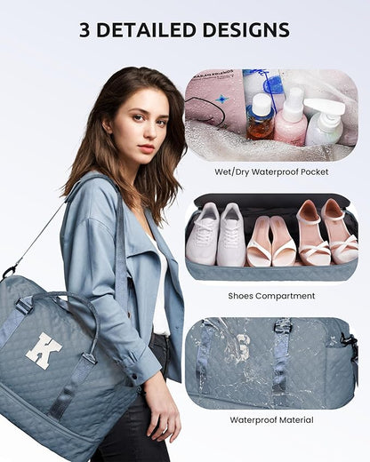 Personalized Gifts-Initial Overnight Bag with Shoe Compartment, Personalized Weekender Bag, Monogram Overnight Bag, Letter Travel Bag with Makeup Bag，Birthday Gift For Women Girl (Letter Q)