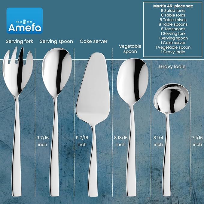 Amefa Martin 45-Piece Flatware, Set for 8 – Stainless Steel Silverware with Polished Mirror Finish, Ergonomic Handles, Rust-Resistant Cutlery Featuring Forks, Knives, Spoons, Salad Forks & Teaspoons