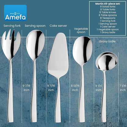 Amefa Martin 45-Piece Flatware, Set for 8 – Stainless Steel Silverware with Polished Mirror Finish, Ergonomic Handles, Rust-Resistant Cutlery Featuring Forks, Knives, Spoons, Salad Forks & Teaspoons