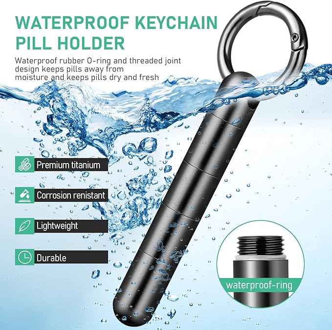 TISUR Keychain Pill Holder, Titanium Pill Case Small Pill Organizer Waterproof Pill Box, EDC Portable Pill Container Metal Tube for Travel Purse Outdoor