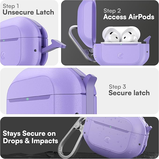 Keybudz for AirPods 4 Case with Lock - Fully Waterproof AirPods 4th Generation Case Cover - Keychain, Rugged Tough Protection, Hard Shell and Carabiner (Wild Lavender)