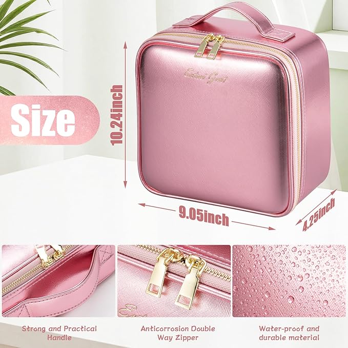 Makeup Travel Train Case with Mirror LED Light 3 Adjustable Brightness Large Cosmetic Bag Portable Storage Adjustable Partition Waterproof Makeup Brushes Make up Jewelry Gift for Women