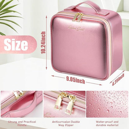 Makeup Travel Train Case with Mirror LED Light 3 Adjustable Brightness Large Cosmetic Bag Portable Storage Adjustable Partition Waterproof Makeup Brushes Make up Jewelry Gift for Women