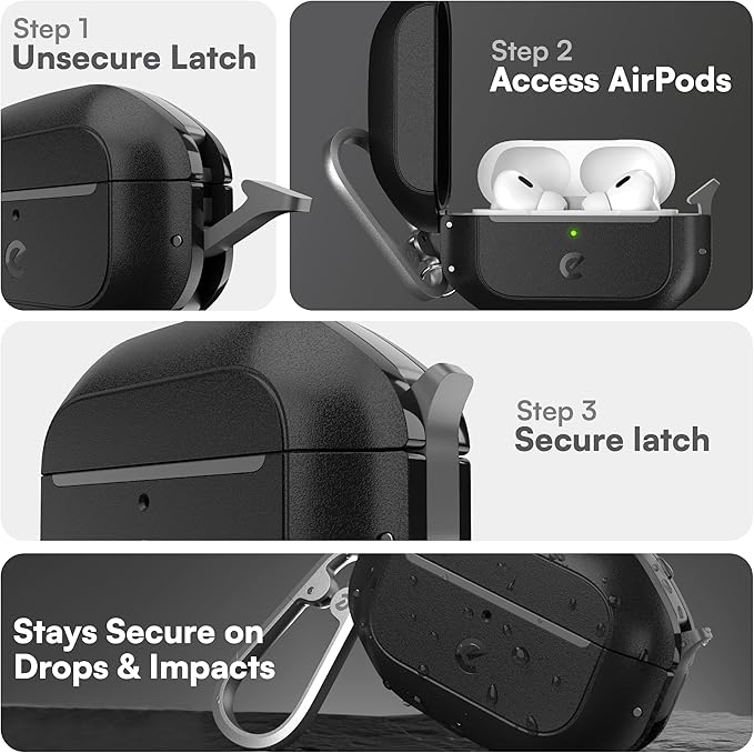 Keybudz for AirPods Pro 2 Case with Lock - Fully Waterproof AirPods Pro 2nd Generation Case Cover - Keychain, Rugged Tough Protection, Hard Shell and Carabiner for USB-C/Lightning (Carbon Black)