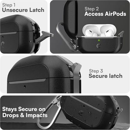 Keybudz for AirPods Pro 2 Case with Lock - Fully Waterproof AirPods Pro 2nd Generation Case Cover - Keychain, Rugged Tough Protection, Hard Shell and Carabiner for USB-C/Lightning (Carbon Black)