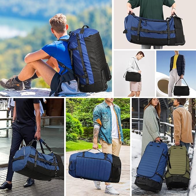 Vomgomfom 86L Collapsible Wheeled Luggage with Removable Backpack Straps,Waterproof Rolling Duffle Bag with Quilted Base,No Telescope Handle,Navy