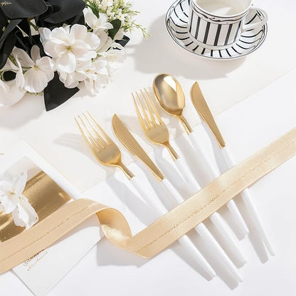 MirthMood 60 PCS Gold Plastic Silverware,Gold Silverware Disposable,Disposable Utensils Heavy Duty,Plastic Cutlery Set,Includes:20 Knives, Forks and Spoons for Party, Birthday,Wedding