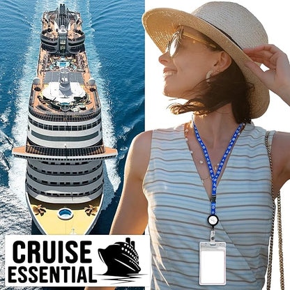 Cruise Luggage Tags Essentials 4 Sets with Zip Seal and Steel Loops + 2 Cruise Lanyard Detachable ID Holder Badge + 4 Cruise Cabin Magnetic Hooks (27lbs) - Royal Caribbean Set (10, Narrow Tags Set)