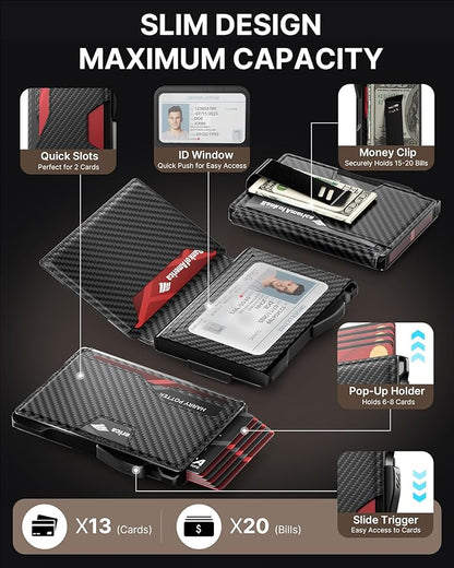 typecase Wallet for Men: Rfid-blocking with Money Clip Slim Leather Bifold ID Window Smart Pop Up Card Case Front Pocket Wallet with Gift Box (Carbon Fiber Black)