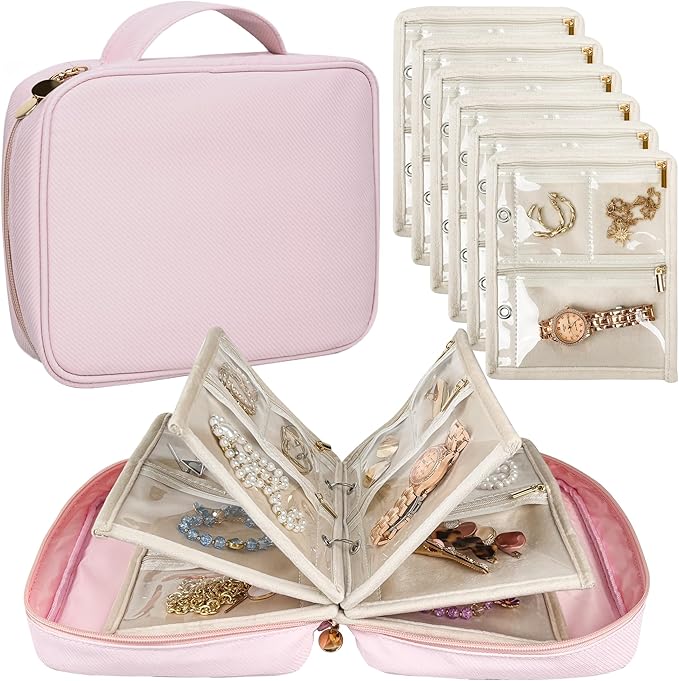 Travel Jewelry Organizer Case,Small Jewelry Bags Jewelry Storage Book Binder with Clear Zipper Velvet Pouch for Traveling,Earrings, Rings, Necklace, Bracelet (Pink)