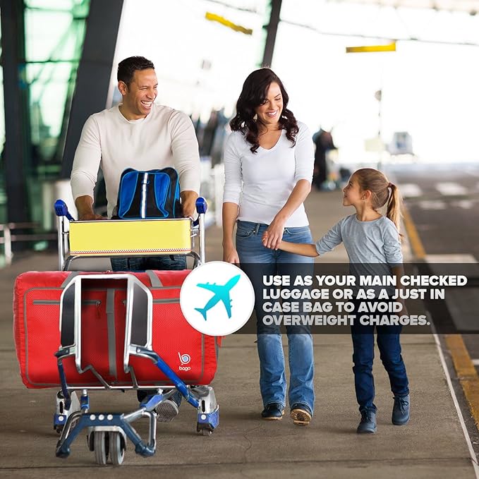 Bago Large Foldable Duffel Bags for Traveling Women & Men - 80L Packable Duffle Bag for Travel with Shoe Compartment - Water Repellant, Heavy Duty, Lightweight Folding & Collapsible (Red)