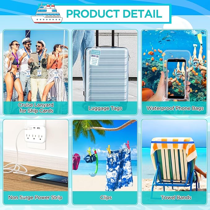 Cruise Ship Essentials Kit Include Cruise Luggage Tags Holder, Cruise Lanyards, Cruise Power Strip, Towel Bands and Clips, Waterproof Phone Bags for All Cruise Lines