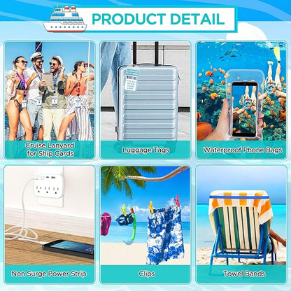 Cruise Ship Essentials Kit Include Cruise Luggage Tags Holder, Cruise Lanyards, Cruise Power Strip, Towel Bands and Clips, Waterproof Phone Bags for All Cruise Lines