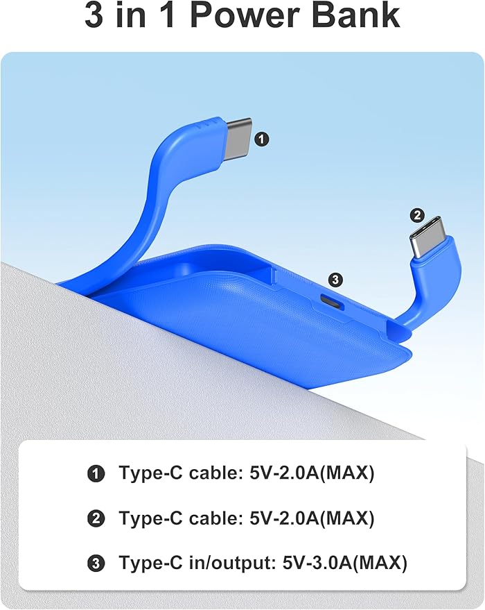 miisso 10000mAh Compatible with iPhone 15/16/17 and Android, Slim Portable Charger with Built in Cable, Power Bank Travel Charger External Battery Pack for Phone, 3 Output USB Type C Cord, Deep Blue