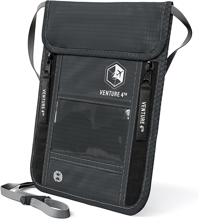 VENTURE 4TH Neck Wallet, RFID Blocking Passport Holder for Travel – Hidden Neck Pouch with 6 Compartments, Slim Lightweight Organizer with Adjustable Strap for Cash, Cards & Passport (Gray)