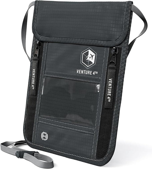 VENTURE 4TH Neck Wallet, RFID Blocking Passport Holder for Travel – Hidden Neck Pouch with 6 Compartments, Slim Lightweight Organizer with Adjustable Strap for Cash, Cards & Passport (Gray)