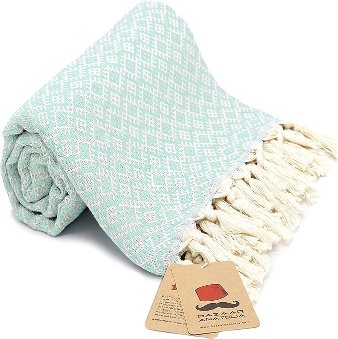 Bazaar Anatolia Turkish Beach Towel 100% Cotton Bath Towels Oversized Quick Dry Bathroom Towels Sand Free Camping Blanket 71x39 inches - Ethnic Mint