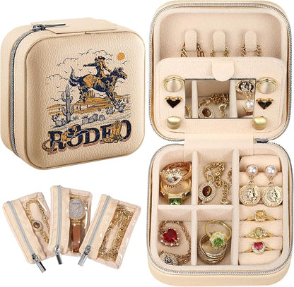 Bistup Travel Jewelry Case - Small Jewelry Organizers and Storage Box for Women Girls Teens Cute Traveling Jewelry Holder with Mirror Little Tiny Compact Modern Unique Aesthetic Pretty, Western