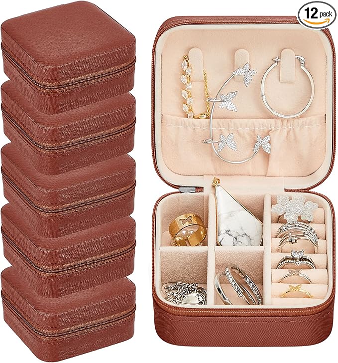 Taiyin 12 Pcs Travel Jewelry Case Box Bridesmaid Gifts Bulk Travel Jewelry Cases Boxes Small Jewels Organizers Mini Accessories Ornaments Storage for Women Girls Wedding Gifts (Brown)