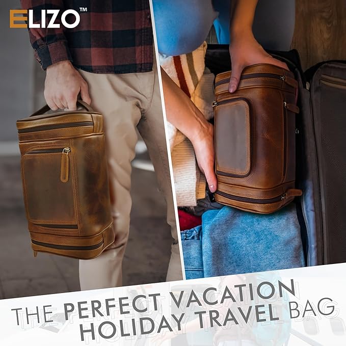 ELIZO Genuine Leather Toiletry Bag for Men Mens Toiletry Bags for Traveling Waterproof Hanging Leather Dopp Kit w/Hook Extra largeToiletry Bag Travel Organizer for Toiletries
