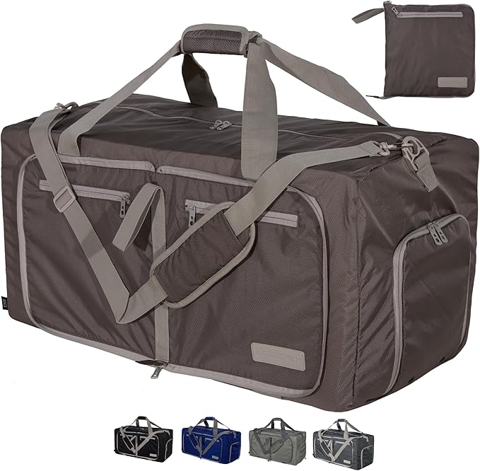LEGEND 80L Foldable Duffle Bag for Travel - Packable Duffle Bags w/Shoe Compartment - Tear Resistant Collapsible Duffel Bags for Traveling - Lightweight Folding Duffel Bag for Men & Women -Chocolate