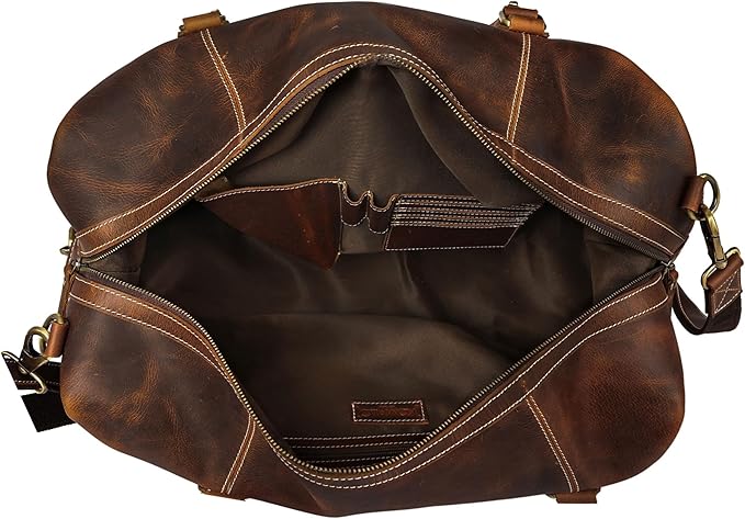KomalC Leather Duffel Bags for Men and Women, Full Grain Buffalo Leather, Dark Tan, 20 Inch