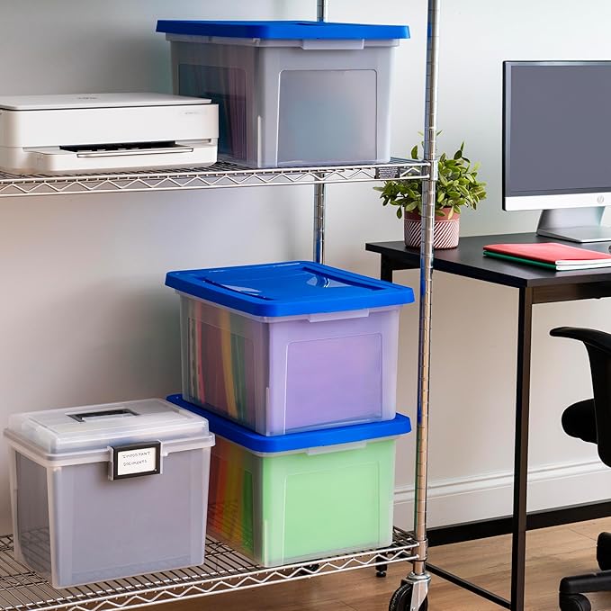 IRIS USA File Box, Plastic File Organizer Box With Lids, Letter/Legal File, Important Document Box, Portable Storage Filing Bin, Stackable Nestable, Clear/Blue 35 Qt. 3 Pack