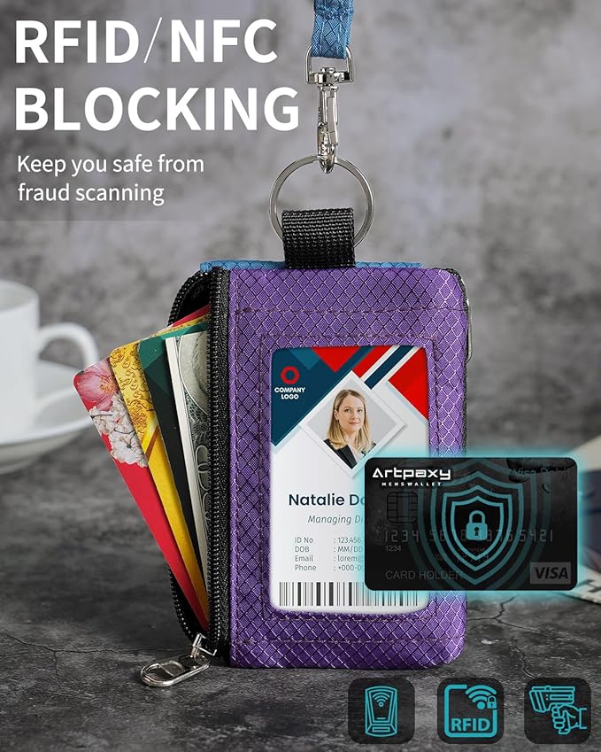 Minimalist Wallet For Mens Womens, Keychain RFID Blocking Zipper Small Wallet with ID Window 2 Lanyards,Water Resistant Travel Cash Card Coin Case Boys Girls