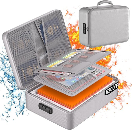 DocSafe 5200°F Document Organizer with Lock,Upgraded Heat Insulated Fireproof＆Waterproof Box 8 Layers File Organizer,Portable Home Travel Safe Storage for Important Documents, Files,Silver (Soft)