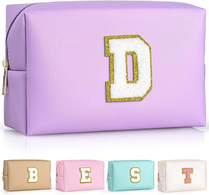 TOPEAST Preppy Small Makeup Bag, Chenille Letter Pouch Cosmetic Bag With Zipper, PU Leather Waterproof Toiletry Bag, Personalized Birthday Gift for Women, Cute Stuff for Girls (Purple D)