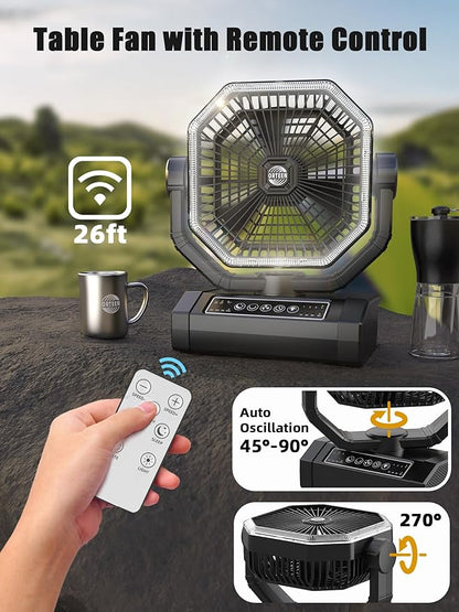 Portable Rechargeable Fan - 9-Inch Camping Fan for Tent, 20000mAh(60Hrs) Battery Operated Fan for Camping, Auto Oscillation Cordless Fans, Tent Fans with Remote/Light, 4 Speeds, 4 Timing, Outdoor