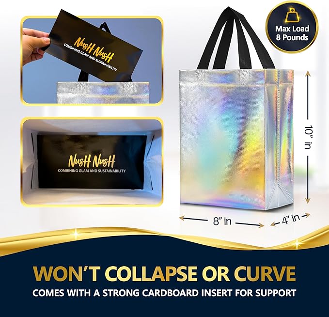 Nush Nush Set of 30 Iridescent Gift Bags Bulk – Stunning Holographic Silver Bulk Gift Bags with Handles - Ideal Reusable Goodie Bag for Birthday Party, Bachelorette Party Favors - 8Wx4Dx10H