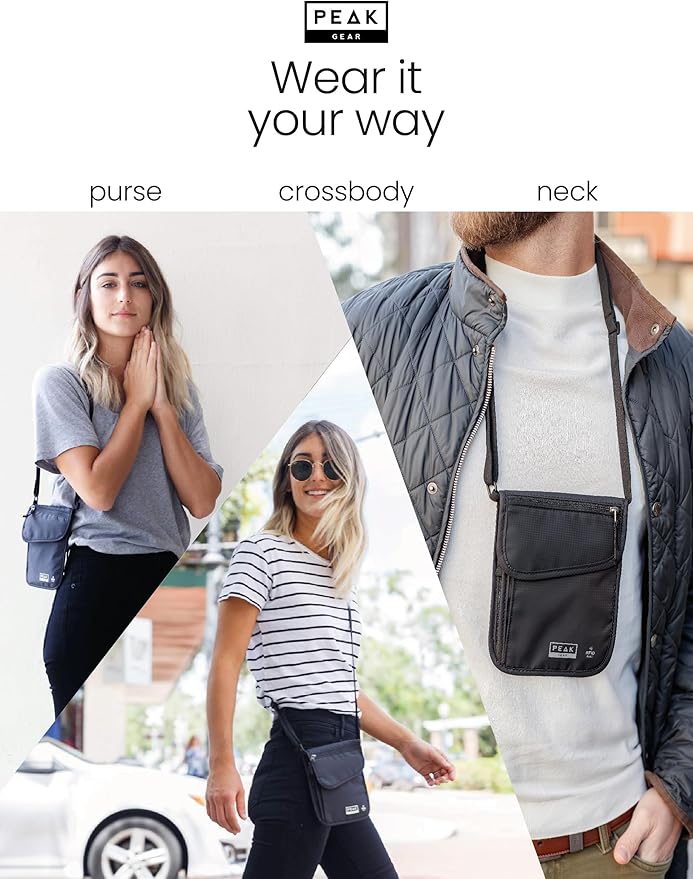 Peak Gear RFID Neck Wallet - The Original Travel Pouch with Adjustable Crossbody Strap + Theft Protection and Lost & Found Service | Black