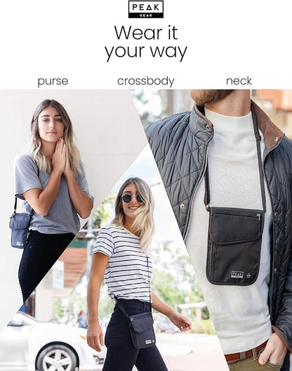 Peak Gear RFID Neck Wallet - The Original Travel Pouch with Adjustable Crossbody Strap + Theft Protection and Lost & Found Service | Black