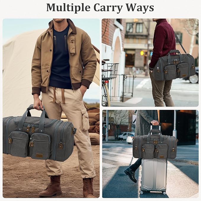 Gonex Canvas Duffle Bag for Travel, Expandable Water Resistant 60L Carry on Duffel Overnight Weekender Gym Bag with Wet Dry Separation Pocket & Suitcase Handle Sleeve, Grey