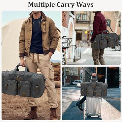 Gonex Canvas Duffle Bag for Travel, Expandable Water Resistant 60L Carry on Duffel Overnight Weekender Gym Bag with Wet Dry Separation Pocket & Suitcase Handle Sleeve, Grey